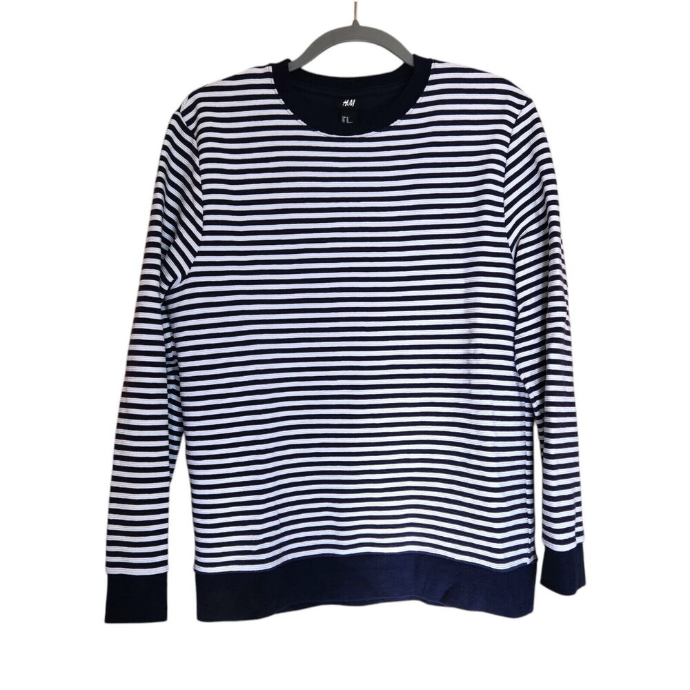 H&M Blue and White Striped Crewneck Sweatshirt Medium